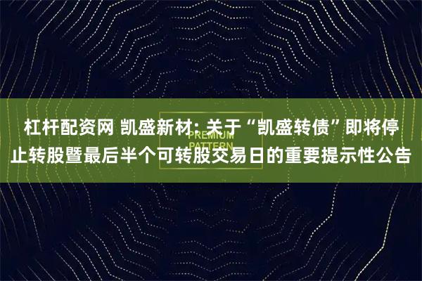 杠杆配资网 凯盛新材: 关于“凯盛转债”即将停止转股暨最后半个可转股交易日的重要提示性公告
